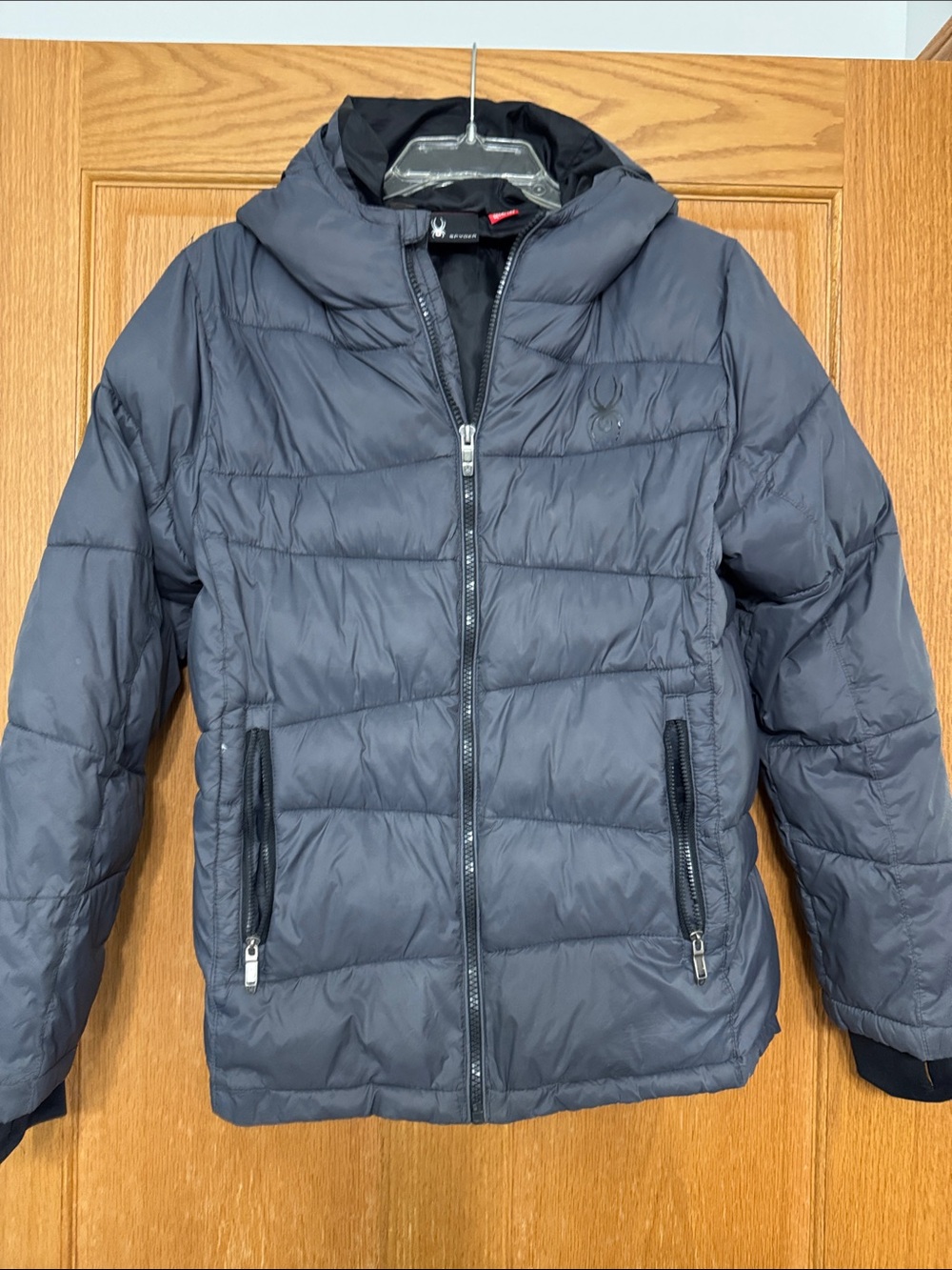Boys Spyder Puffer Jacket with Hood, Grey Sz L